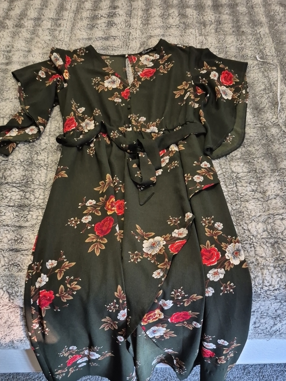 Simplee 🖤 Olive Floral High-Low Dress with Red & Cream Blooms (909)